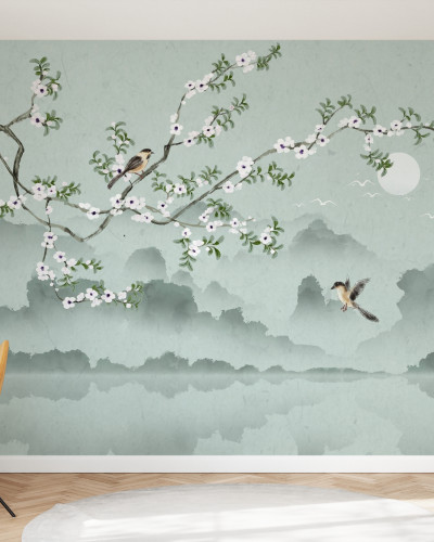 Tapet Birds Lookout cu design modern, cu un peisaj relaxant cu un copac înflorit, păsări delicate și o lună plină.