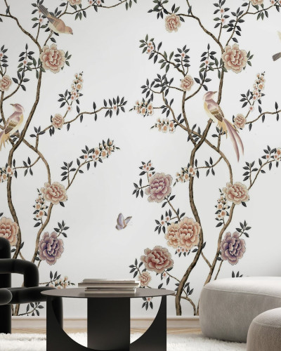 Tapet floral cu design elegant, cu ramuri delicate cu flori, păsări și fluturi.