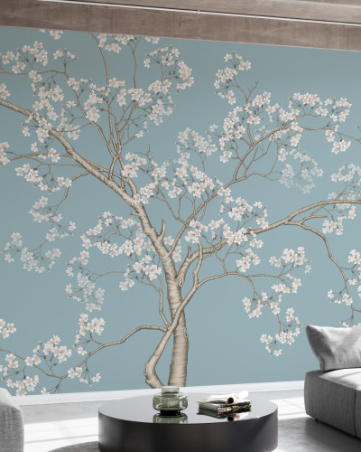 Tapet Le Arbre, Bluefin cu design floral pe un fundal albastru deschis, perfect pentru a decora livingul sau dormitorul