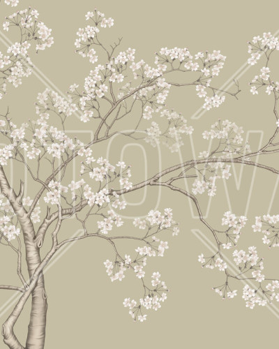 Tapet floral cu flori albe delicate pe un fundal verde deschis, decorând un dormitor.
