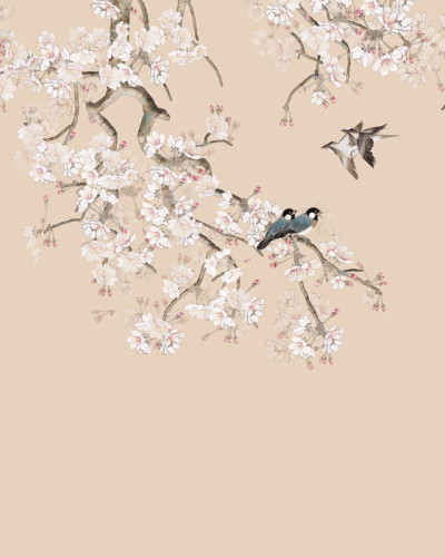 Wallpaper cu ramură de flori de cireș și păsări