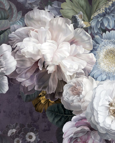 Tapet floral elegant in tonuri de purpuriu, alb și gri.