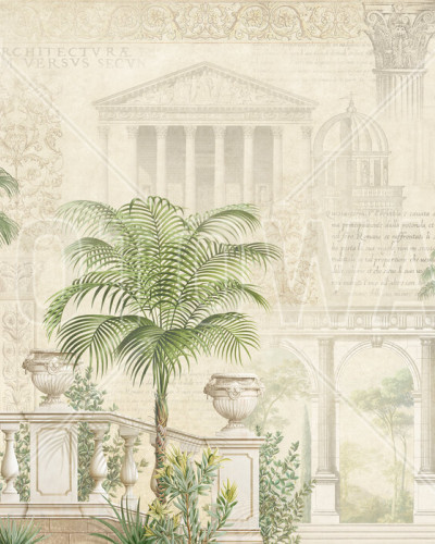 Tapet tropical, Tropical Residence, cu palmieri eleganti si elemente arhitecturale.