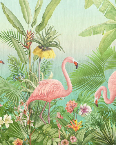 Flamingo Eden Wallpaper cu flamingo roz si plante tropicale