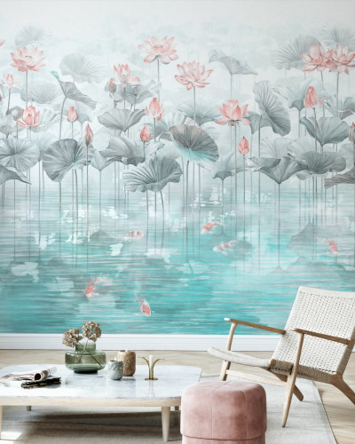 Tapet cu design minimalist, Koi Koi, Blue, cu nuanțe delicate de albastru și o imagine relaxantă de pești Koi înotând printre flori de lotus.