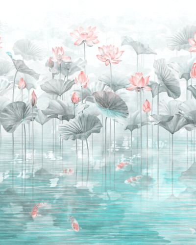Tapet cu design minimalist, Koi Koi, Blue, cu nuanțe delicate de albastru și o imagine relaxantă de pești Koi înotând printre flori de lotus.