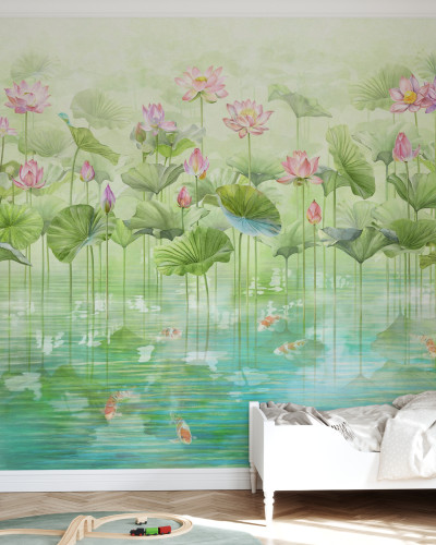 Tapet cu flori de lotus si pesti koi in apa