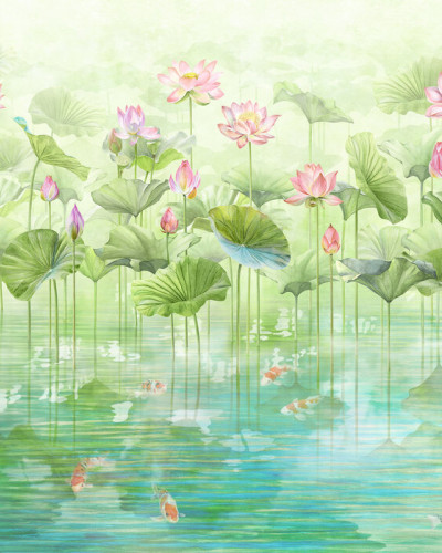 Tapet cu flori de lotus si pesti koi in apa