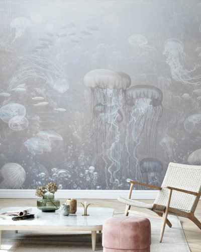 Fototapet cu meduze in tonuri sepia, decorat cu plante si mobilier modern