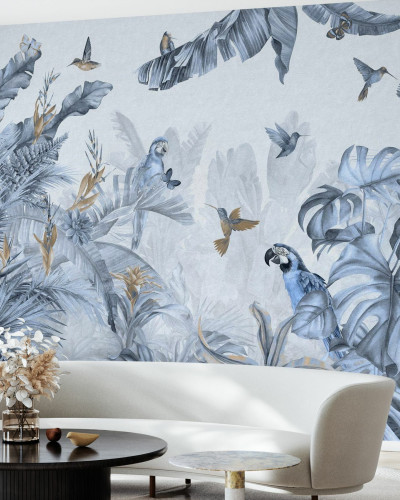 Tapet cu papagali albastri pe fundal tropical. Design unic, culori vibrante și detalii fine. Transformați-vă camera într-o oază de relaxare.