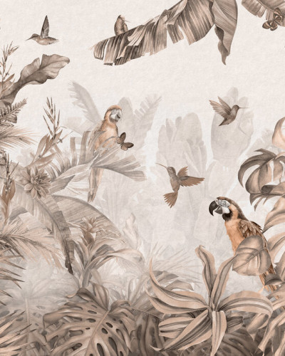 Paradisul papagaliilor în tonuri sepia - wallpaper cu papagali, păsări colibri și frunze tropicale