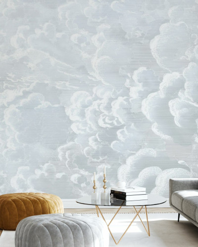 Tapet Cradled in Clouds II, cu nori albi pe un fundal gri deschis