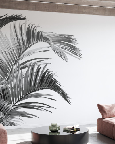 Tapet cu frunze de palmier în nuanțe de gri, cu un design minimalist.