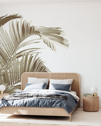 Tapet minimalist cu frunze de palmier în tonuri de sepie, decor perfect pentru dormitor, sufragerie sau hol