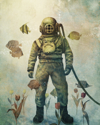 Tapet Deep Sea Garden cu un scafandru în costum tradițional, înconjurat de pești colorați și flori delicate.