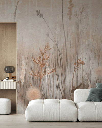 Fototapet cu design floral sepia într-un interior modern