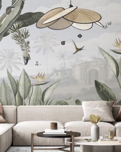 Fototapet cu design botanic, frunze tropicale și detalii exotice