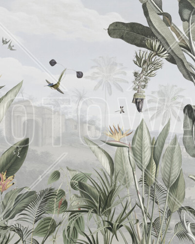 Fototapet cu design botanic, frunze tropicale și detalii exotice