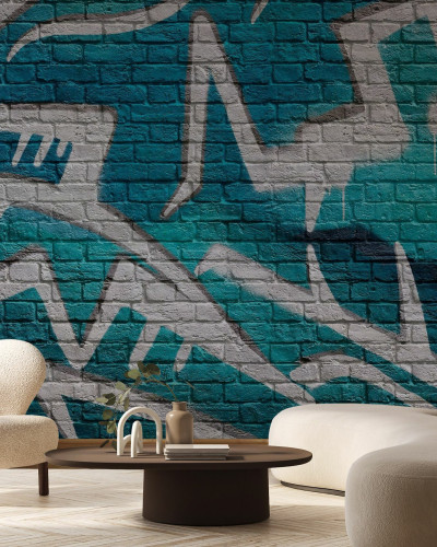 Fototapet cu graffiti turquoise pe zid de cărămidă