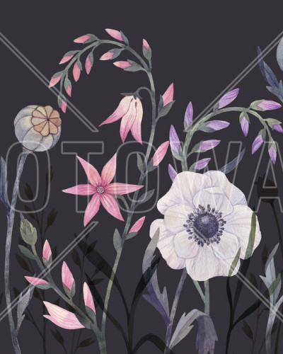 Fototapet floral cu fundal negru și flori colorate