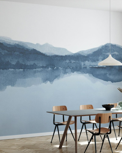 Tapet Watercolor Landscape III, Shades of Blue, peisaj acuarela, tapet albastru, tapet modern