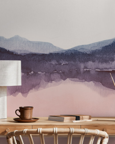 Tapet modern cu design artistic, Watercolor Landscape IV, Pink and Blue, cu un peisaj cu acuarelă în nuanțe delicate de roz și albastru.
