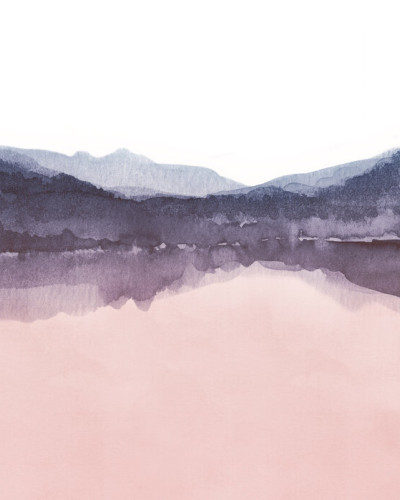 Tapet modern cu design artistic, Watercolor Landscape IV, Pink and Blue, cu un peisaj cu acuarelă în nuanțe delicate de roz și albastru.