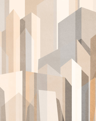Tapet geometric City Forms III cu nuante calde de bej si gri, aplicat intr-un living cu mobilier modern.