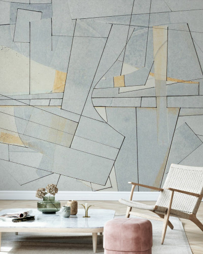 Tapet abstract cu design minimalist in nuante neutre de gri si galben pal, perfect pentru living sau camera de lucru