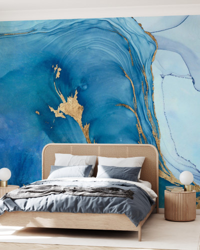 Sea Whirl II wallpaper, albastru cu aur, abstract, design modern