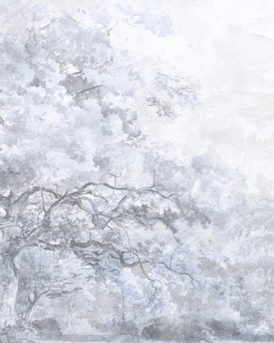 Fototapet cu design de pădure albastră într-o cameră de zi