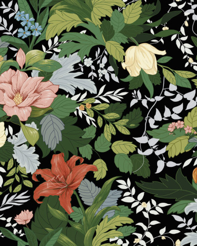 Tapet floral cu flori delicate și frunze luxuriante pe un fundal negru, într-un living modern.