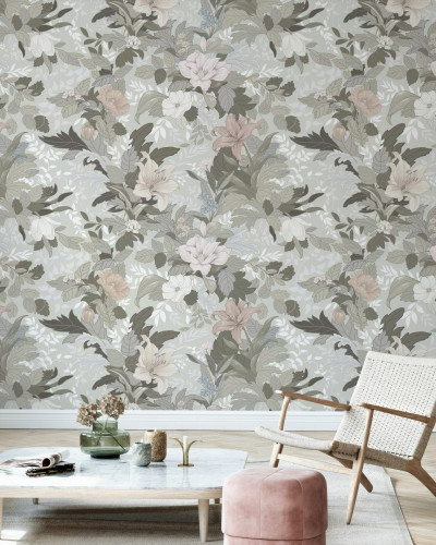 Imagine cu wallpaper floral, Allure, Forgotten Memories, cu flori delicate și culori pastelate, într-un living modern.