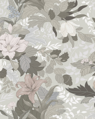 Imagine cu wallpaper floral, Allure, Forgotten Memories, cu flori delicate și culori pastelate, într-un living modern.