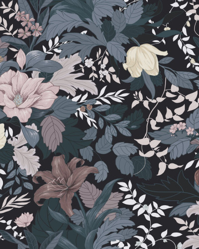 Tapet floral modern cu flori pastelate si frunze verzi inchise.