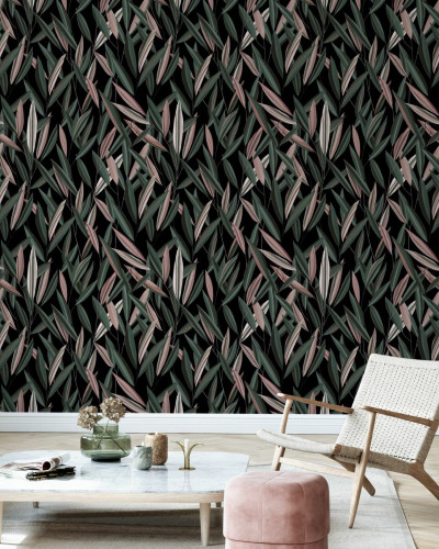 Window View, roz și verde, cu frunze delicate pe fundal negru, decorativ pentru pereți