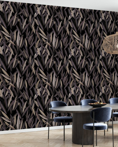 Wallpaper modern cu design elegant de frunze în tonuri de prune
