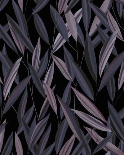 Tapet cu design minimalist, Window View, Purple, cu frunze delicate în nuanțe de purpuriu pe un fundal negru.