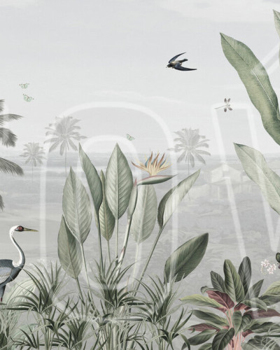 Wallpaper cu design tropical, cu palmieri, flori și păsări exotice
