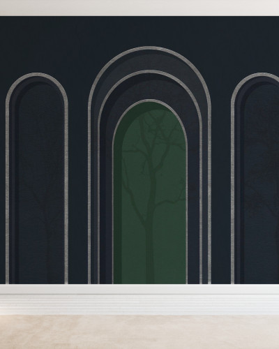 Tapet cu arcade elegante și un design minimalist, în tonuri de albastru și verde.
