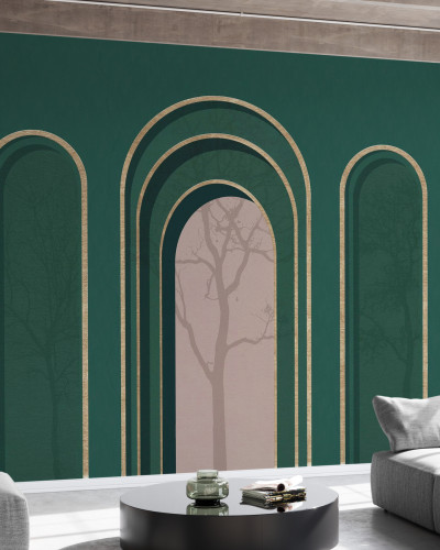 Tapet cu design abstract, arc auriu si nuanţe de verde si roz pal.