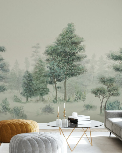 Tapet cu design de pădure boemă, în tonuri de verde.