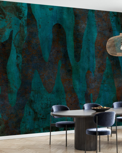 Tapet Aracio V cu un design abstract modern, cu linii curbe și accente de culoare, decorând un perete din sala de mese.