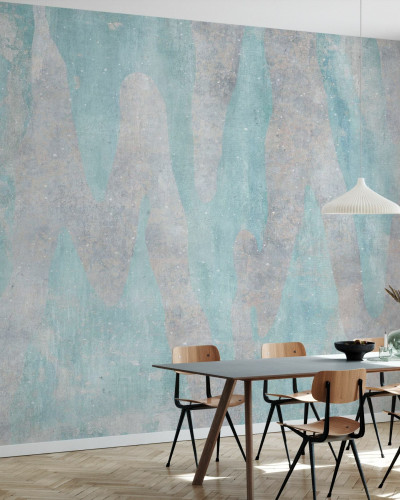 Fototapet abstract Aracio III, cu nuante de bleumarin si gri, montat intr-o camera de zi cu mobilier modern