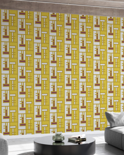 Yellow Brick, Shifted fototapet cu model geometric modern în culori galbene și maro, în decorul unui living