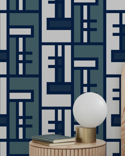 Blue Brick, Shifted - Tapet cu design geometric abstract în nuanțe de albastru și gri