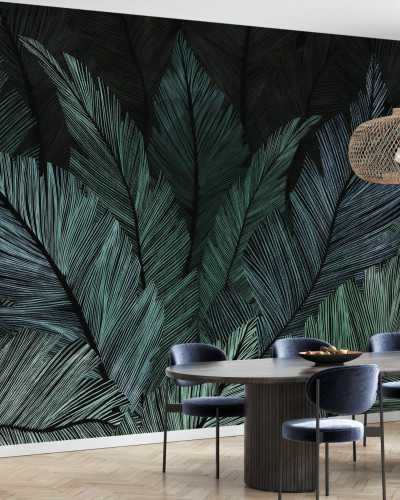 Fototapet cu frunze verzi luxuriante în decor interior modern