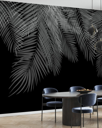 Tapet cu frunze de palmier suspendate, alb-negru, design minimalist