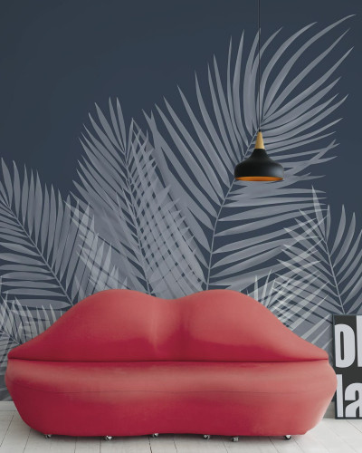 Fototapet cu frunze de palmier albastre într-un interior modern