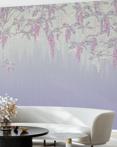 Fototapet Wisteria, Violet, cu flori mov pe un fundal liliac